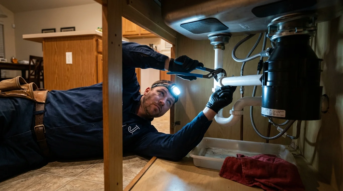 P-trap and supply line connections under a kitchen sink showing a common leak point in Clinton, MO